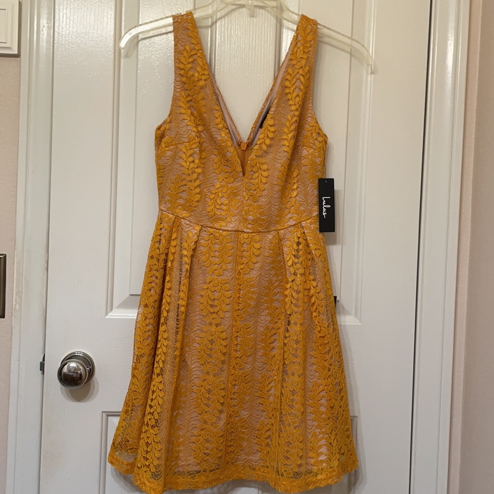 Lulu’s Mustard Yellow Lace Skater Skirt Dress